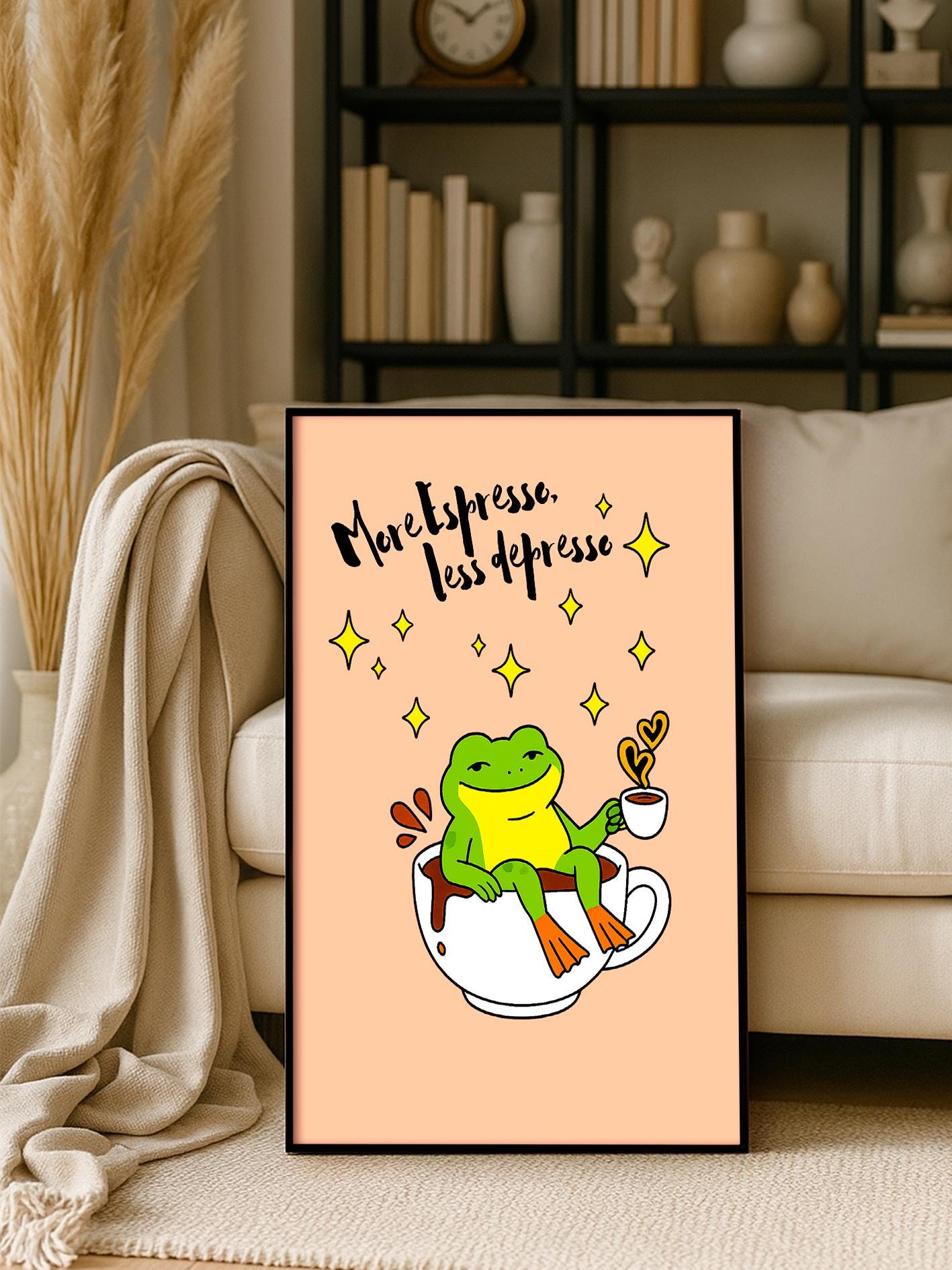 More Espresso Less Depresso – Wall Print of a Frog, Poster of a Frog Inside Coffee, Kitchen Art, Bar Cart Poster