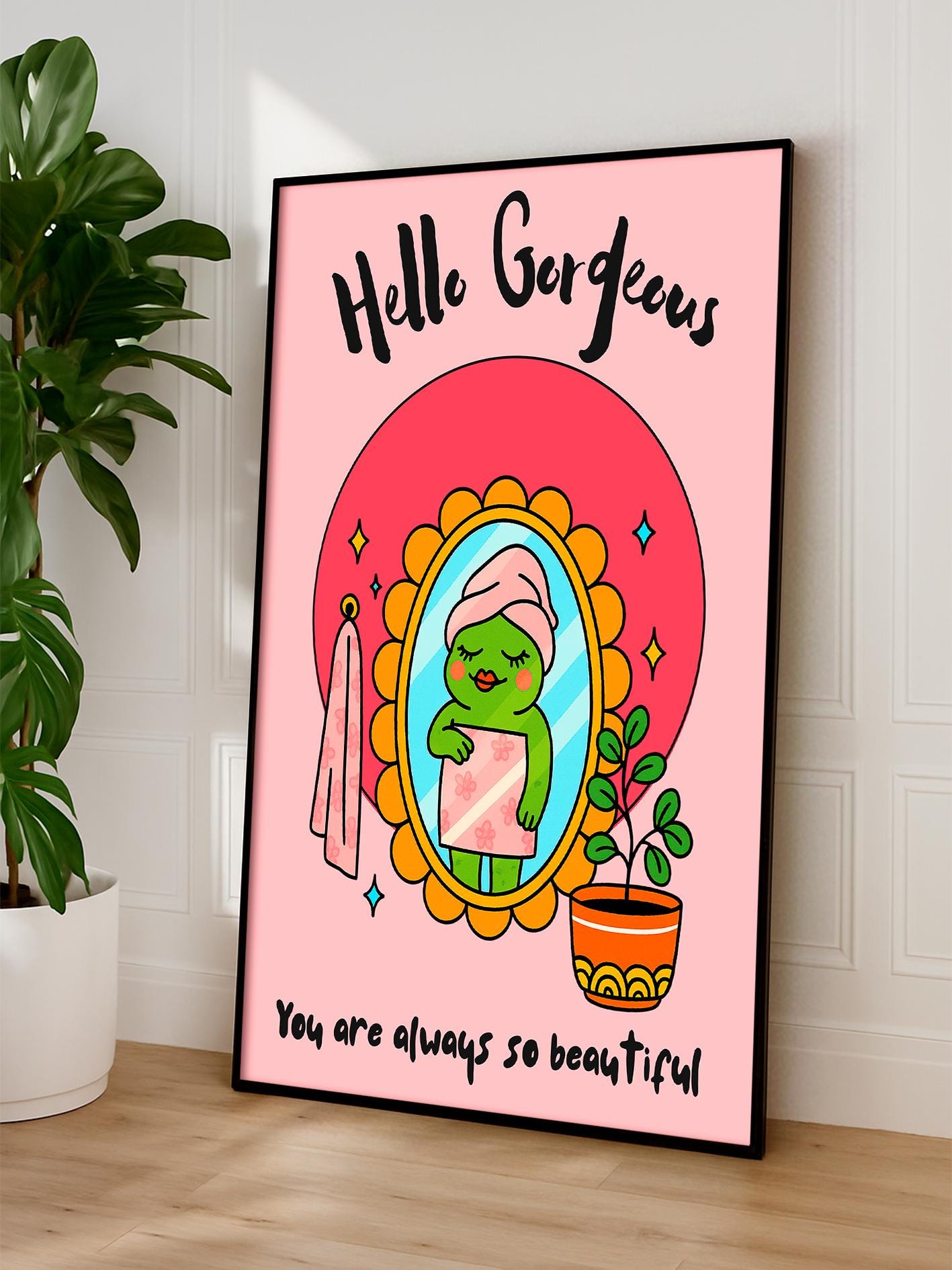 Motivational Body-Positive Poster, “Hello Gorgeous” Frog-in-the-Mirror Print, Colorful Bathroom Illustration, Self-Esteem and Self-Care Gift
