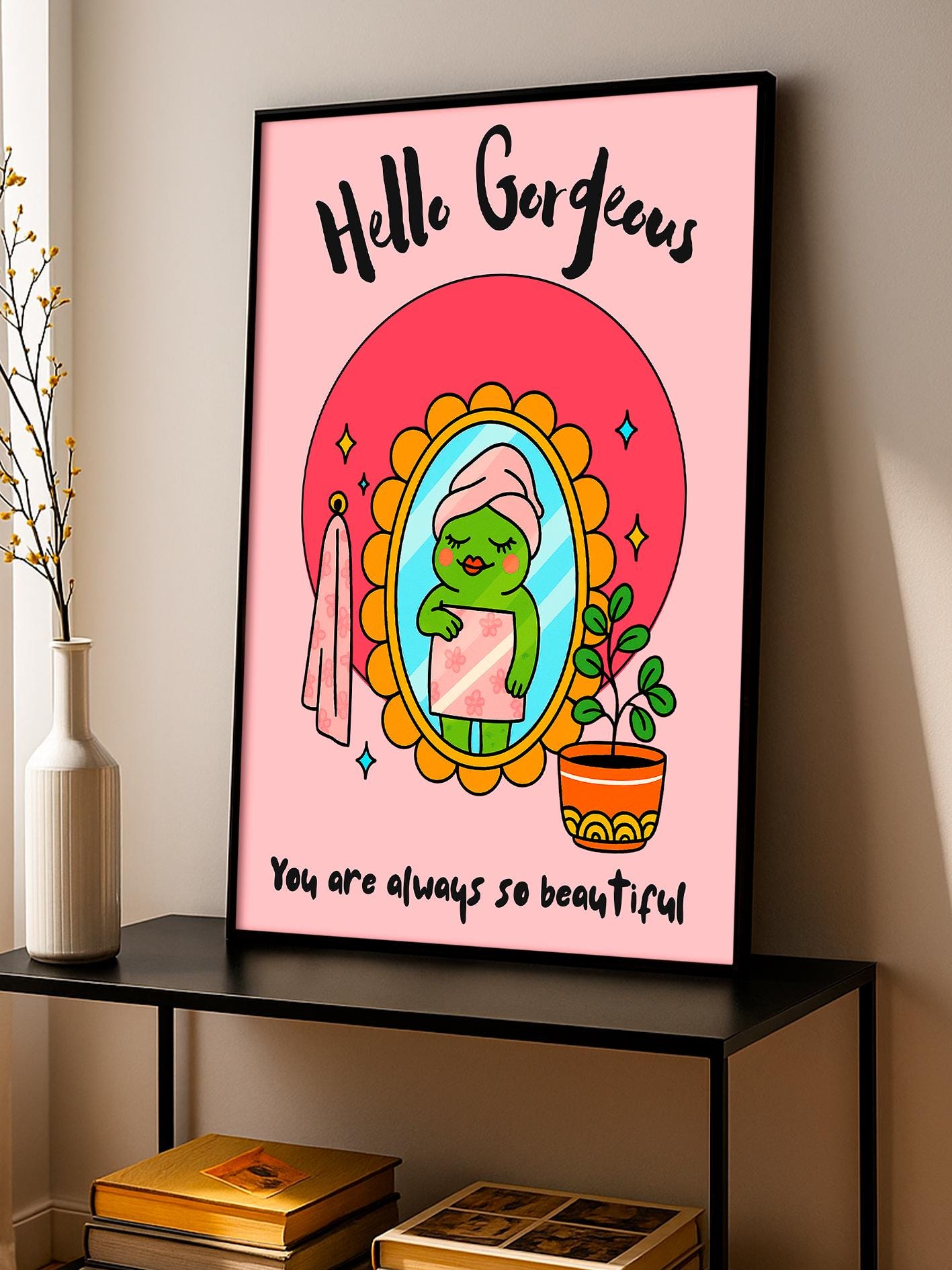 Motivational Body-Positive Poster, “Hello Gorgeous” Frog-in-the-Mirror Print, Colorful Bathroom Illustration, Self-Esteem and Self-Care Gift