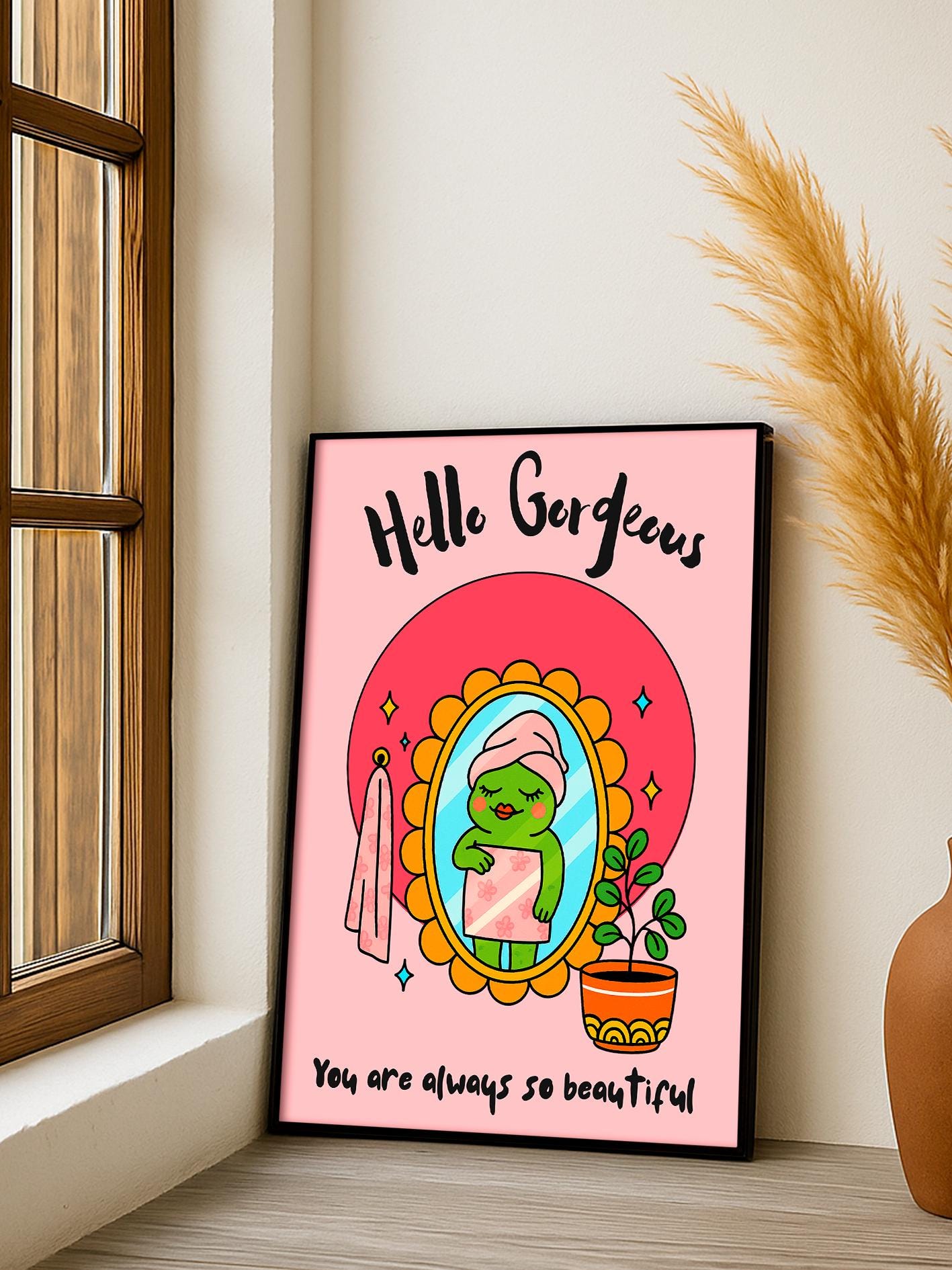 Motivational Body-Positive Poster, “Hello Gorgeous” Frog-in-the-Mirror Print, Colorful Bathroom Illustration, Self-Esteem and Self-Care Gift