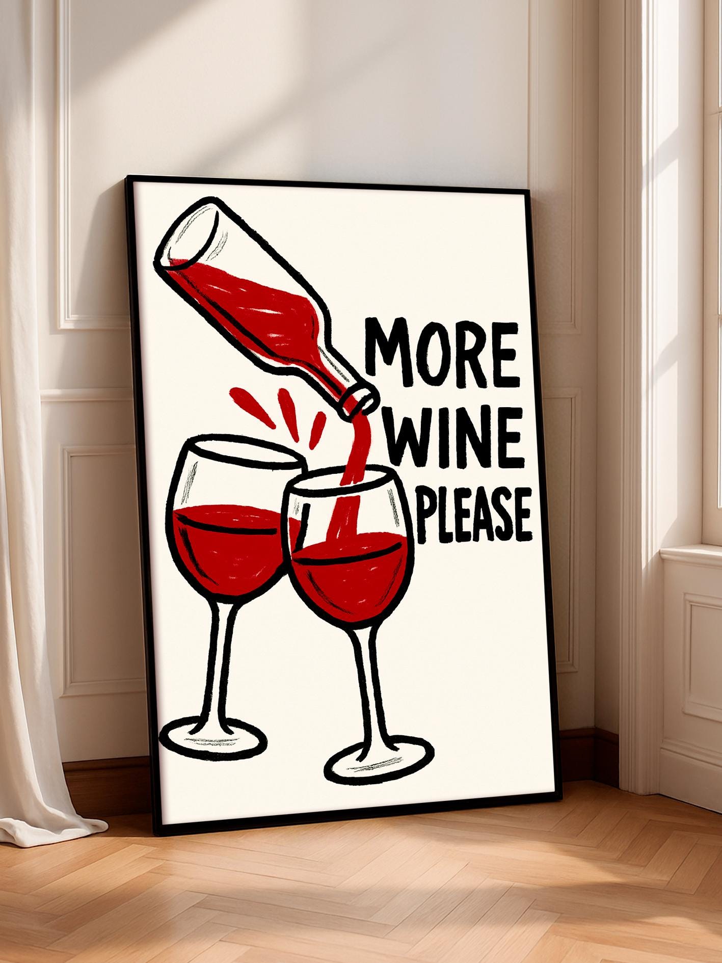 More Wine Please Print, Red Wine Poster, Kitchen Wall Art Decor, Bar Cart Art, Funny Alcohol Gift for Wine Lovers