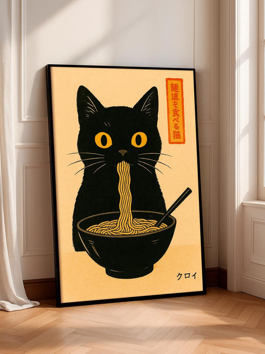 Black Cat Eating Noodles Print – Japanese Minimalist Wall Art, Neutral Aesthetic Poster, Unique Cat Lover Gift, Japan-Inspired Home Decor