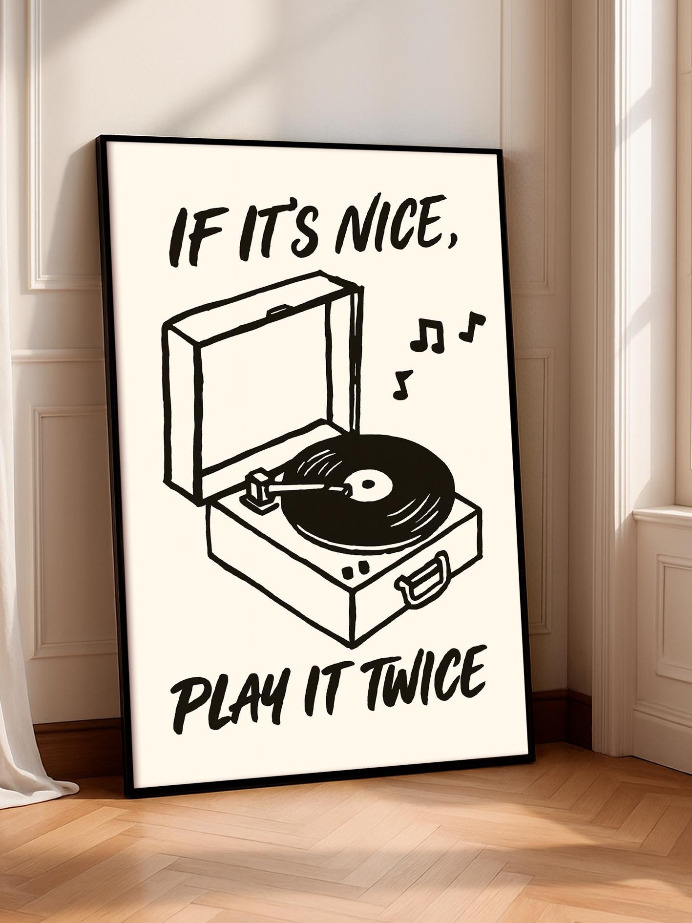 Record Player Print, Vinyl Wall Art, Music Lover Gift, Retro Decor, Turntable Poster, Play It Twice Quote