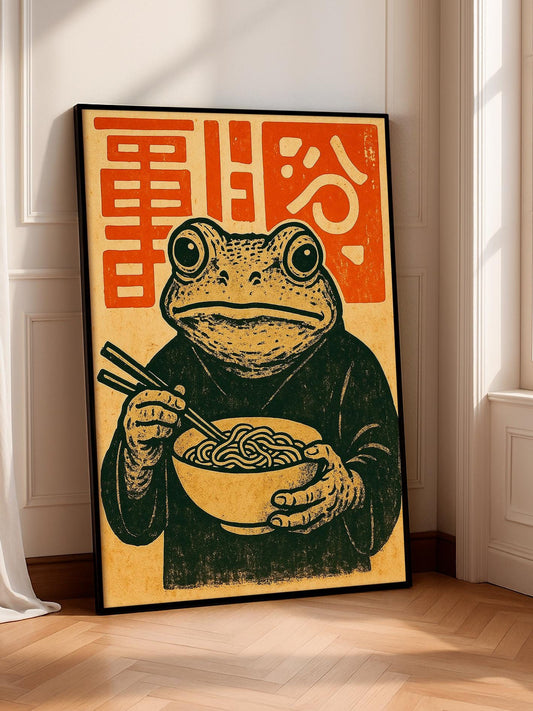 Vintage Frog Eating Noodles Poster, Retro Print, Funny Wall Decor, Bar Cart Poster, Kitchen Wall Art