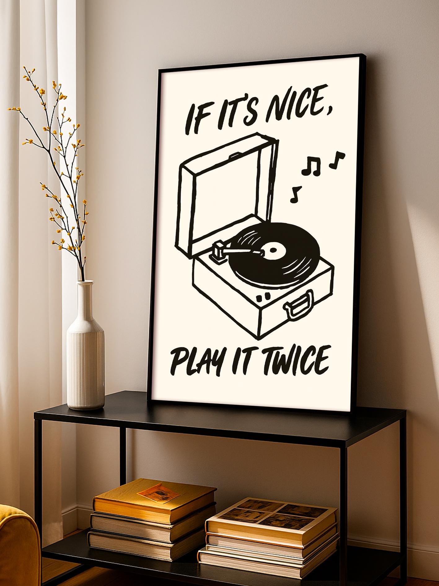 Record Player Print, Vinyl Wall Art, Music Lover Gift, Retro Decor, Turntable Poster, Play It Twice Quote