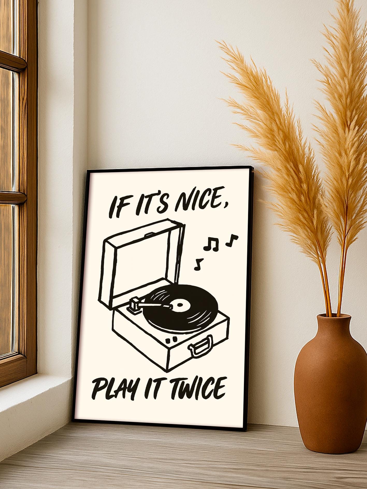 Record Player Print, Vinyl Wall Art, Music Lover Gift, Retro Decor, Turntable Poster, Play It Twice Quote