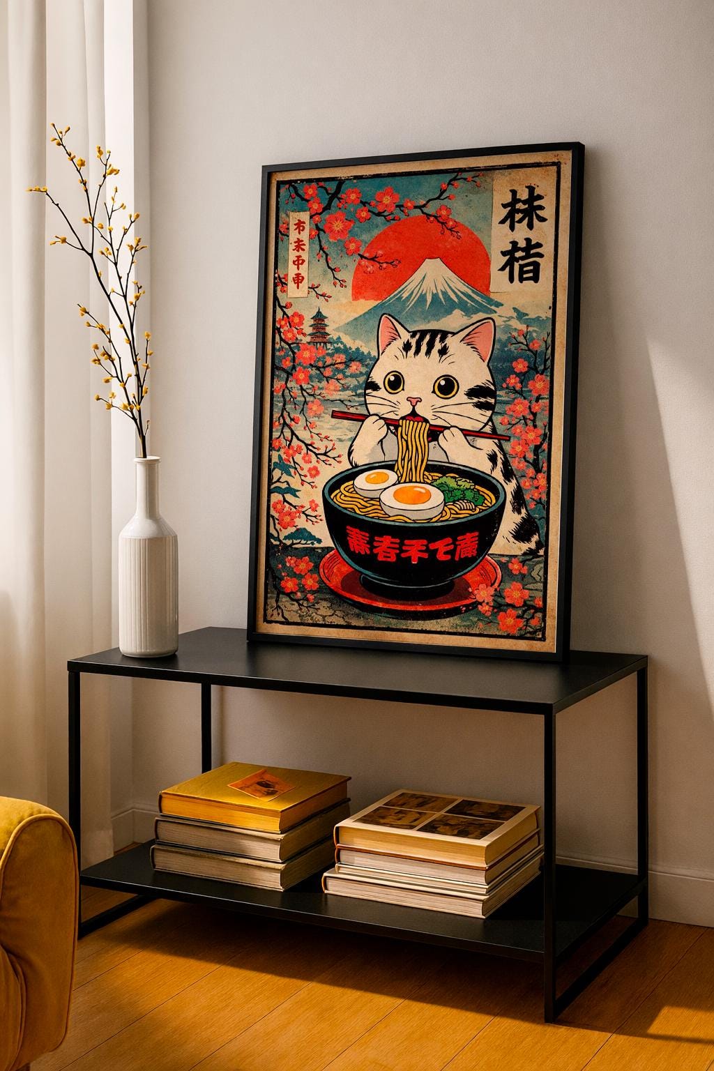 Ramen Eating Cat Poster, Japanese Cat Illustration, Kawaii Ramen Cat Art, Japanese Style Cat Print