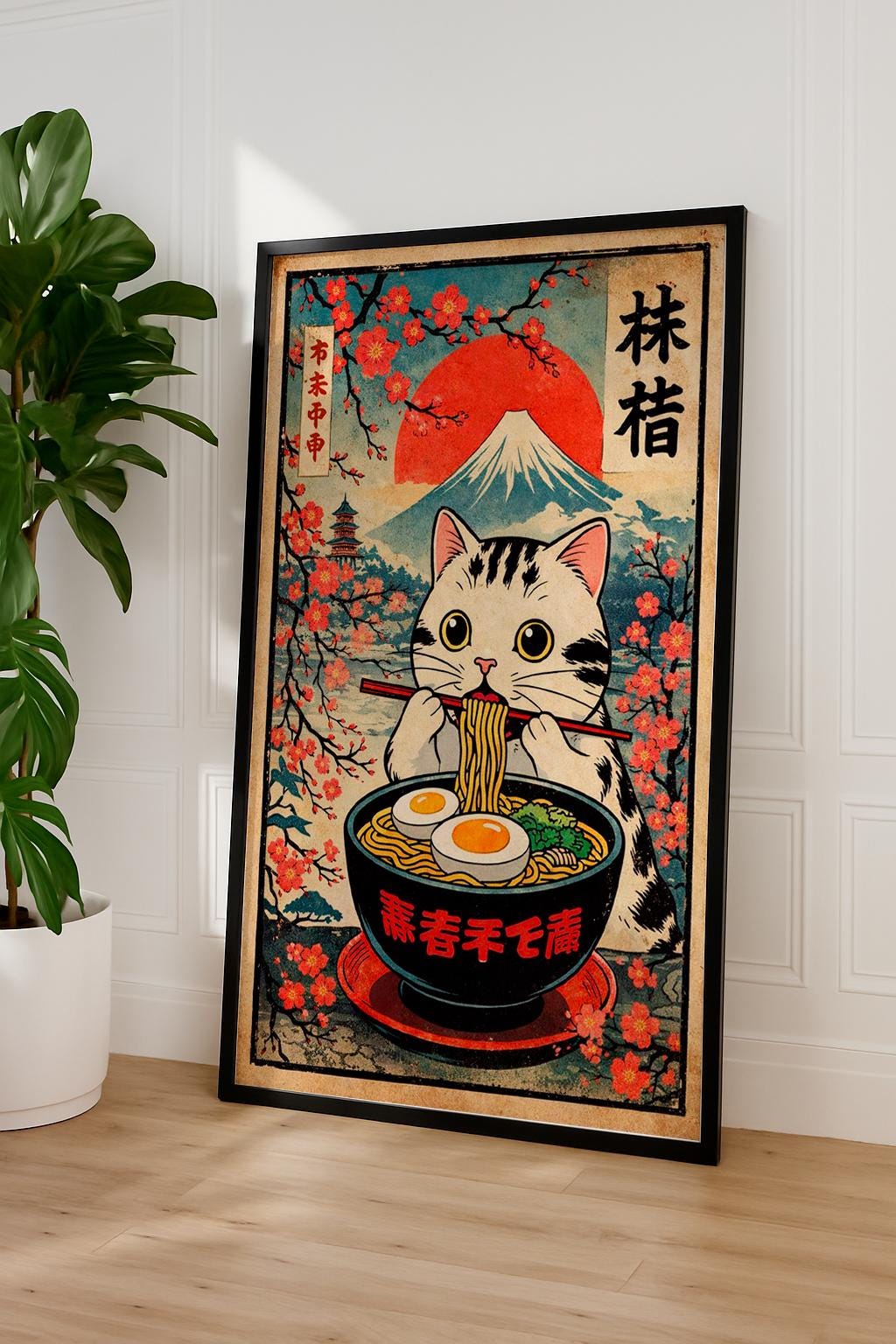 Ramen Eating Cat Poster, Japanese Cat Illustration, Kawaii Ramen Cat Art, Japanese Style Cat Print