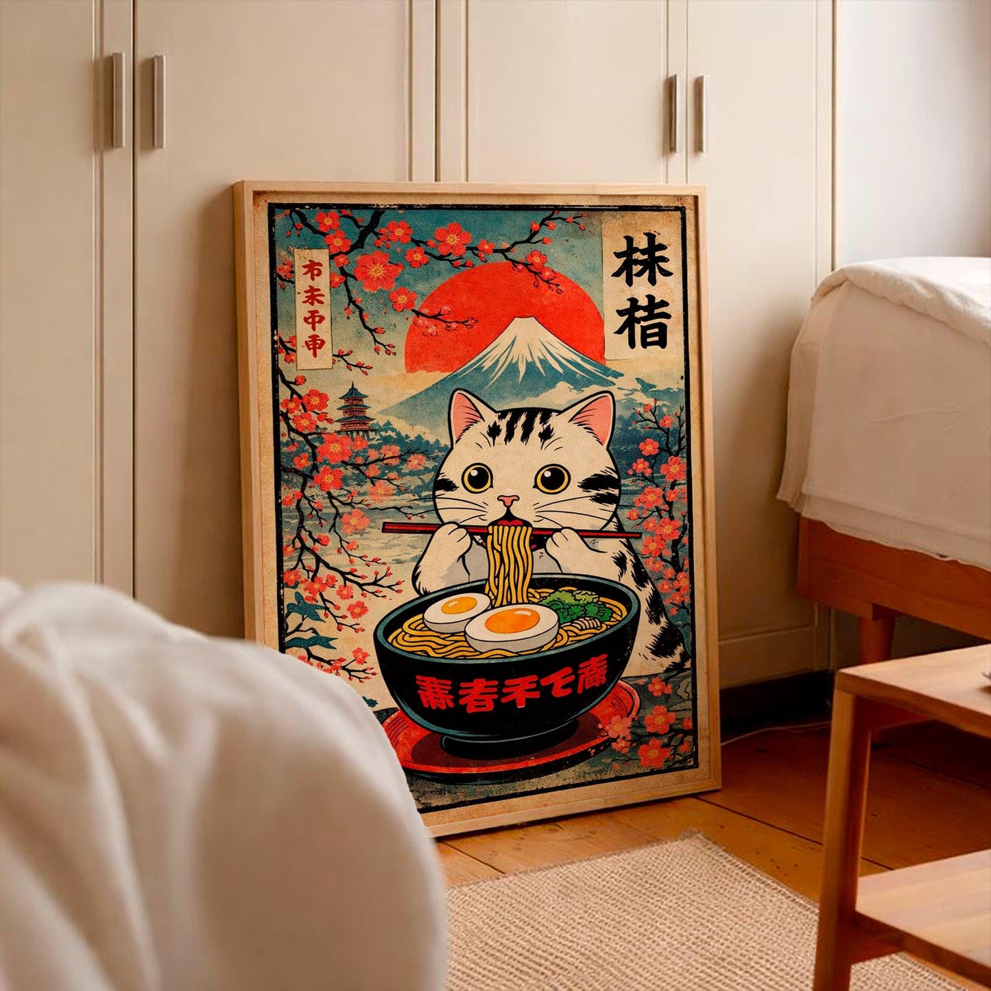 Ramen Eating Cat Poster, Japanese Cat Illustration, Kawaii Ramen Cat Art, Japanese Style Cat Print