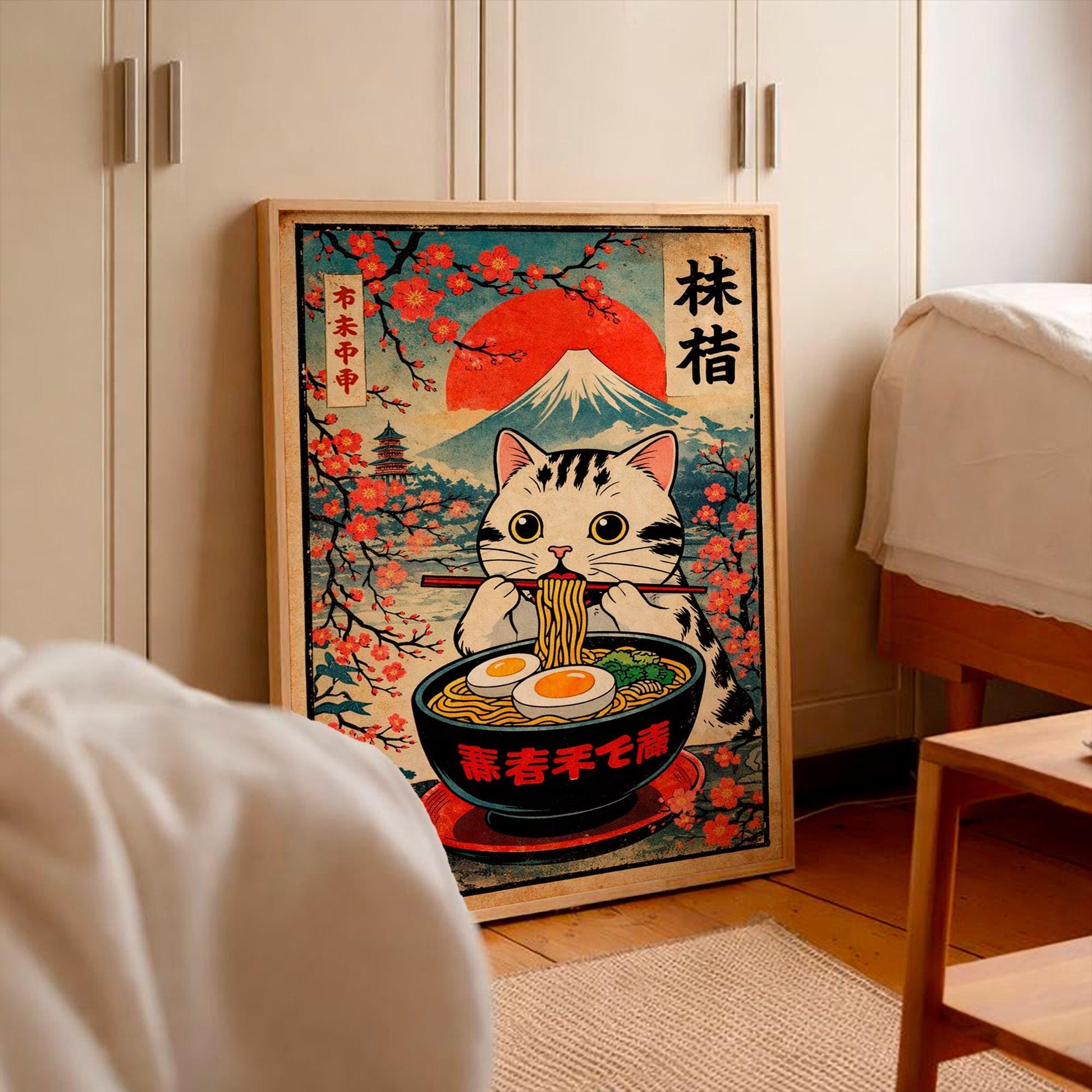 Ramen Eating Cat Poster, Japanese Cat Illustration, Kawaii Ramen Cat Art, Japanese Style Cat Print