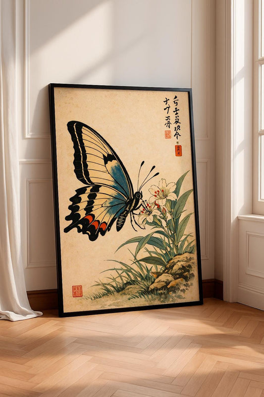 Japanese Butterfly Poster, Japanese Butterfly Wall Art, Ukiyo-e Art Print, Nature Decor, Vintage Japanese Print, Home Decor, Zen Aesthetic