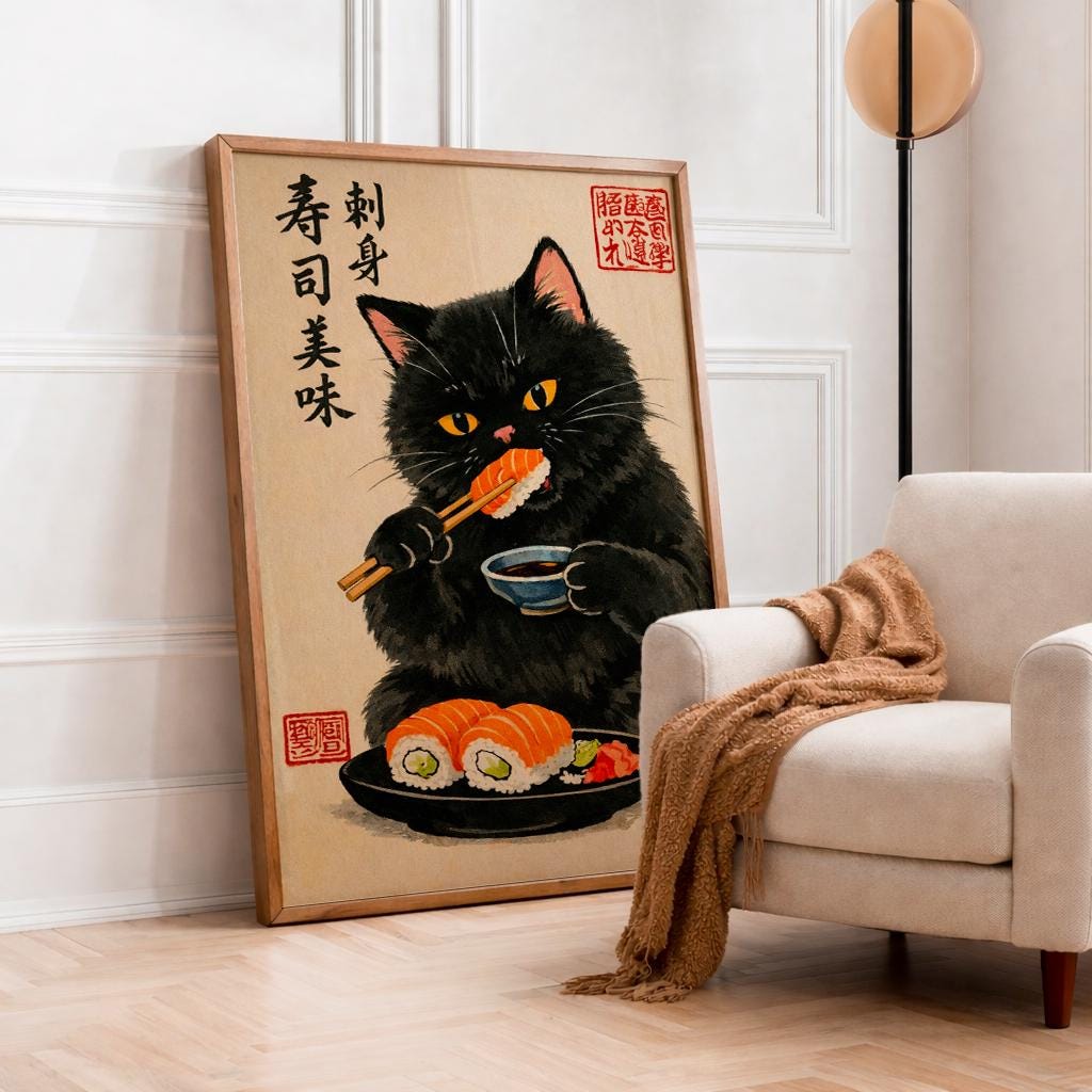 Black Cat Sushi Art Print, Japanese Ukiyo-e Style Cat Poster, Cute Food Illustration, Sushi Lover Wall Art, Asian Kitchen Decor