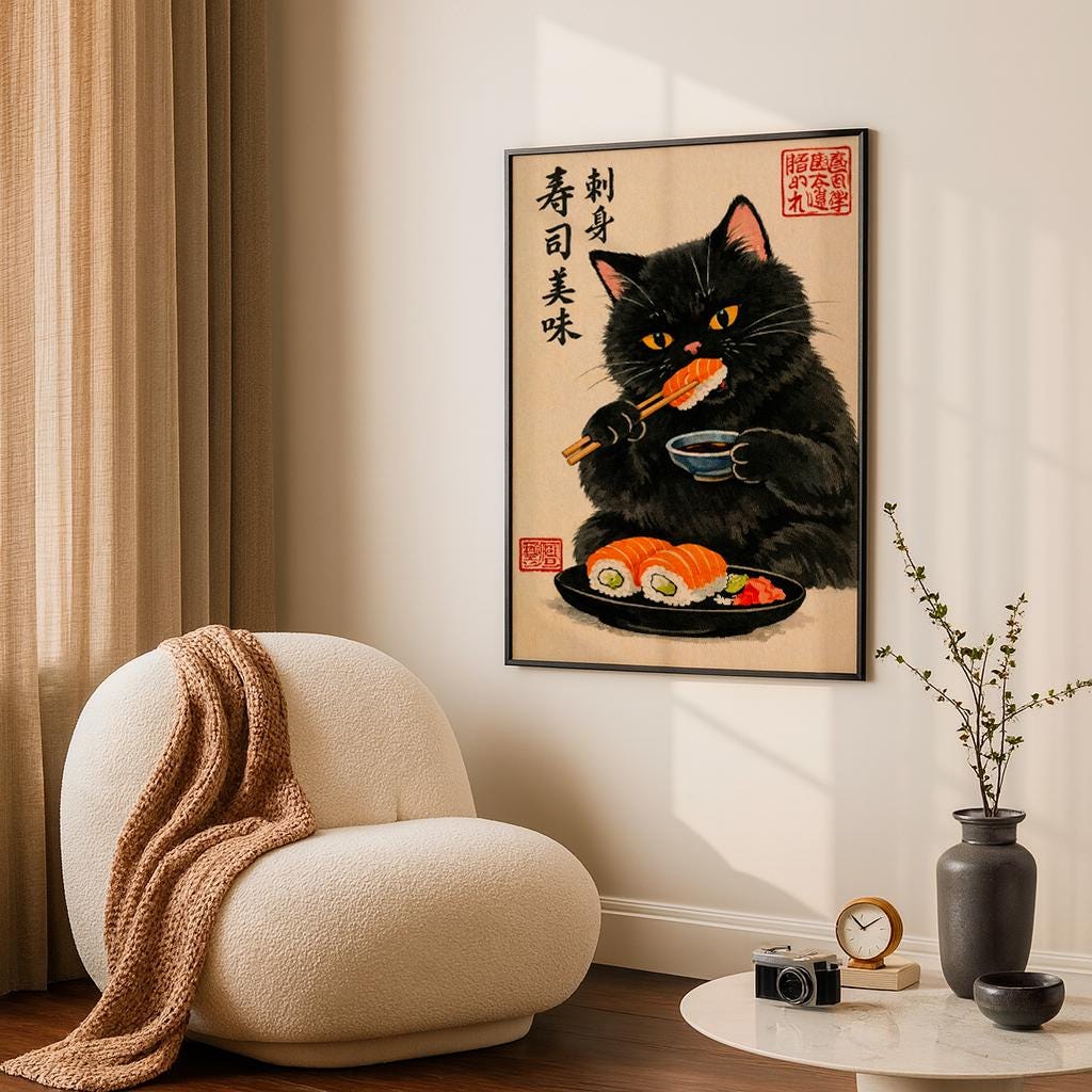 Black Cat Sushi Art Print, Japanese Ukiyo-e Style Cat Poster, Cute Food Illustration, Sushi Lover Wall Art, Asian Kitchen Decor