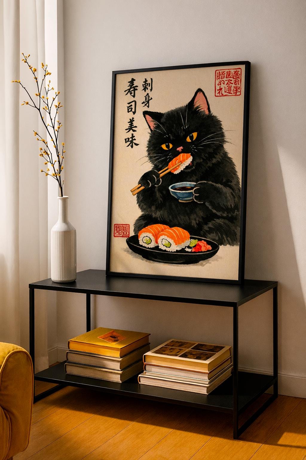Black Cat Sushi Art Print, Japanese Ukiyo-e Style Cat Poster, Cute Food Illustration, Sushi Lover Wall Art, Asian Kitchen Decor