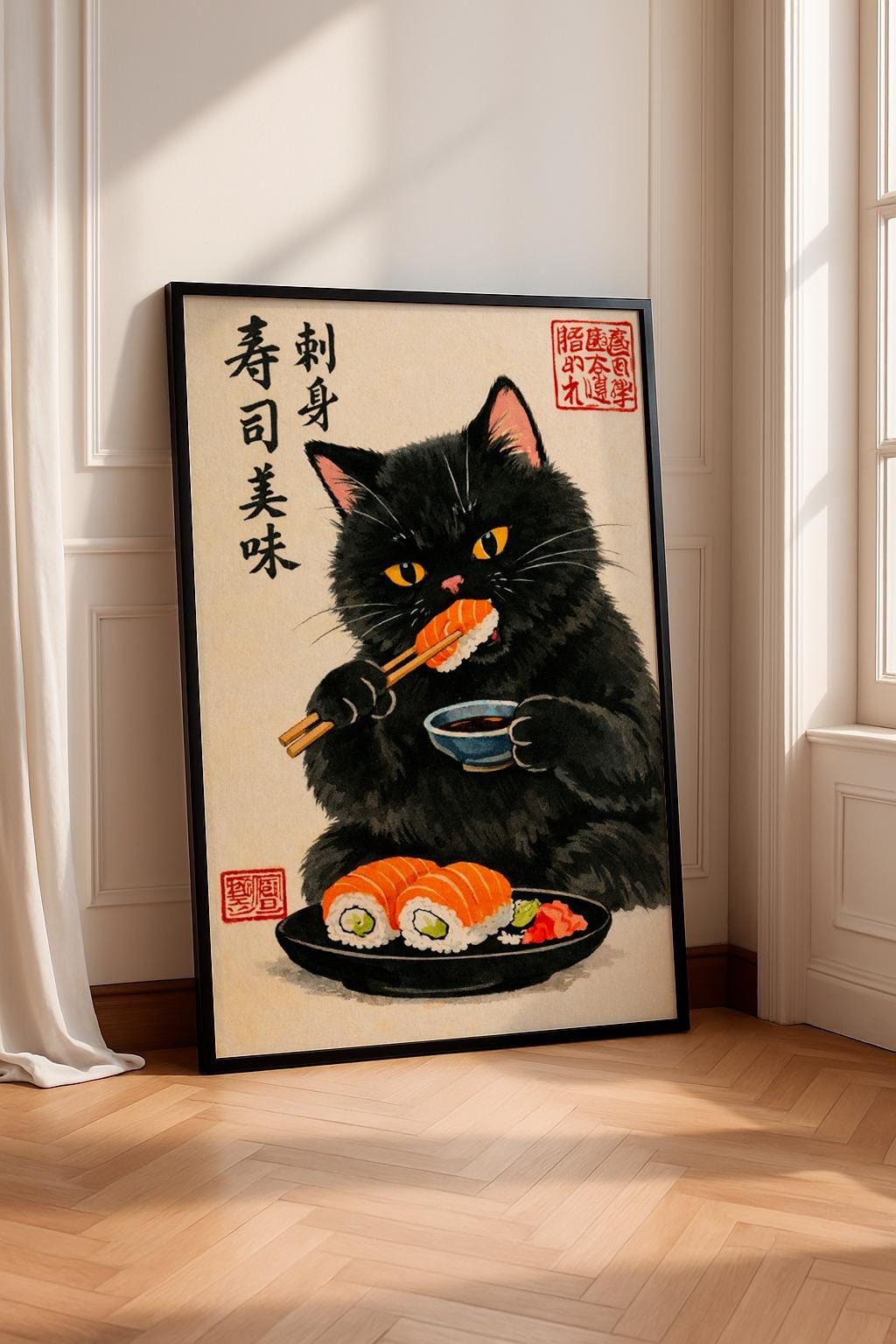 Black Cat Sushi Art Print, Japanese Ukiyo-e Style Cat Poster, Cute Food Illustration, Sushi Lover Wall Art, Asian Kitchen Decor