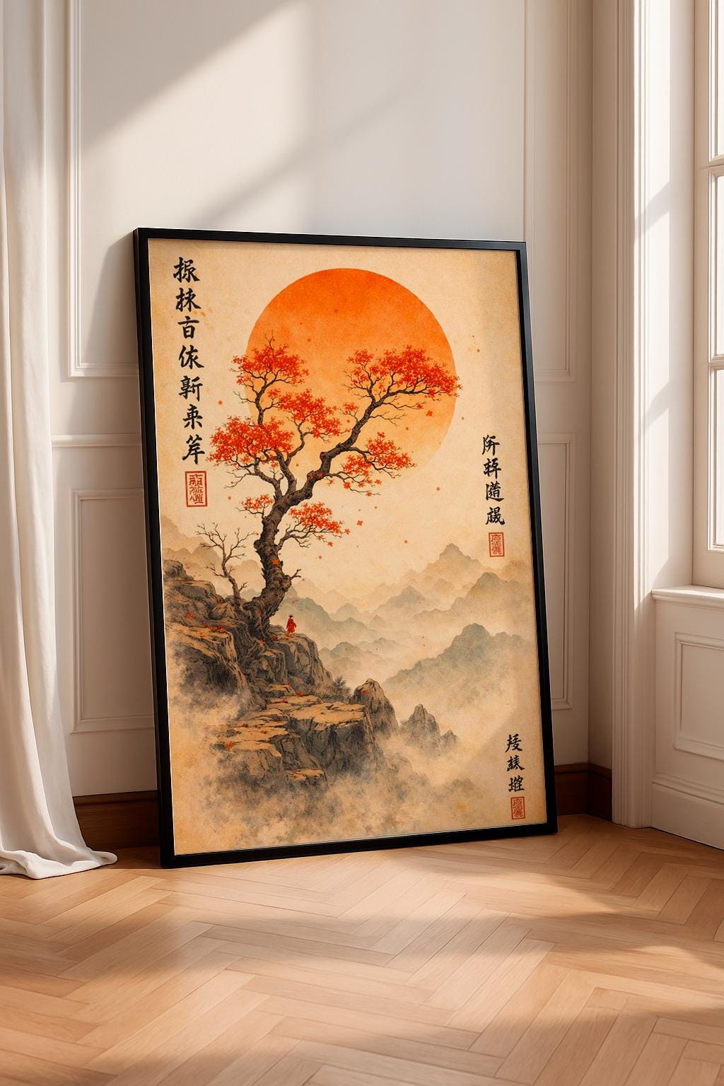 Japanese Zen Landscape Poster, Red Sun Tree Art Print, Asian Ink Painting Wall Art, Minimalist Nature Decor, Mountain Cliff Illustration