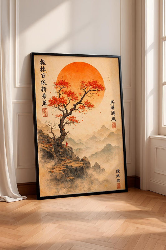 Japanese Zen Landscape Poster, Red Sun Tree Art Print, Asian Ink Painting Wall Art, Minimalist Nature Decor, Mountain Cliff Illustration