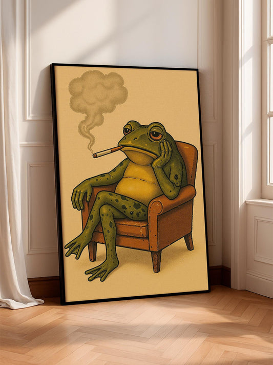 smoking frog poster, retro frog wall art, vintage surreal animal print, quirky home decor, gift idea, living room decor, office wall art