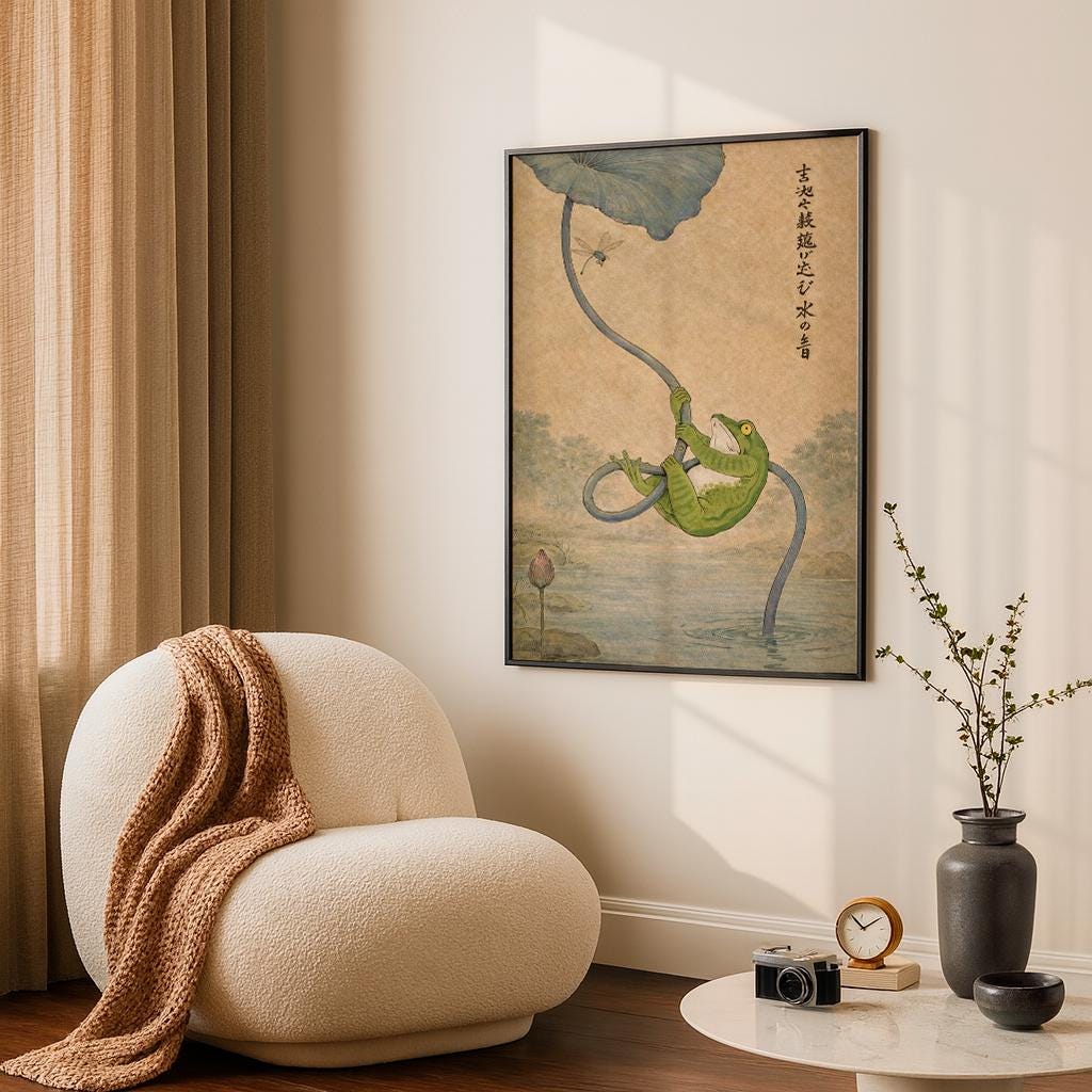 Surreal Frog on a Water Lily, Vintage Japanese Style Poster, Retro Amphibian Illustration with Dragonfly, Whimsical Wall Art for Modern Home