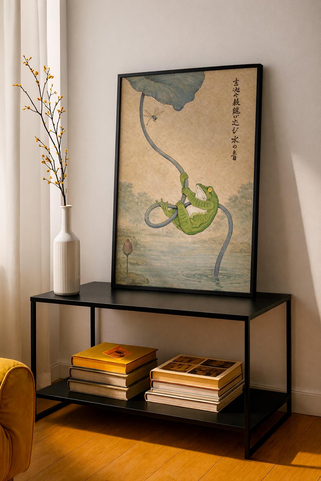 Surreal Frog on a Water Lily, Vintage Japanese Style Poster, Retro Amphibian Illustration with Dragonfly, Whimsical Wall Art for Modern Home