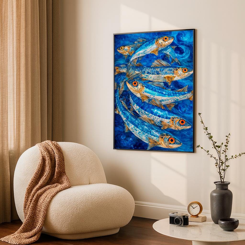 Surreal Fish Art Print – Blue Ocean Wall Art – Modern Marine Illustration – Nautical Watercolor Poster
