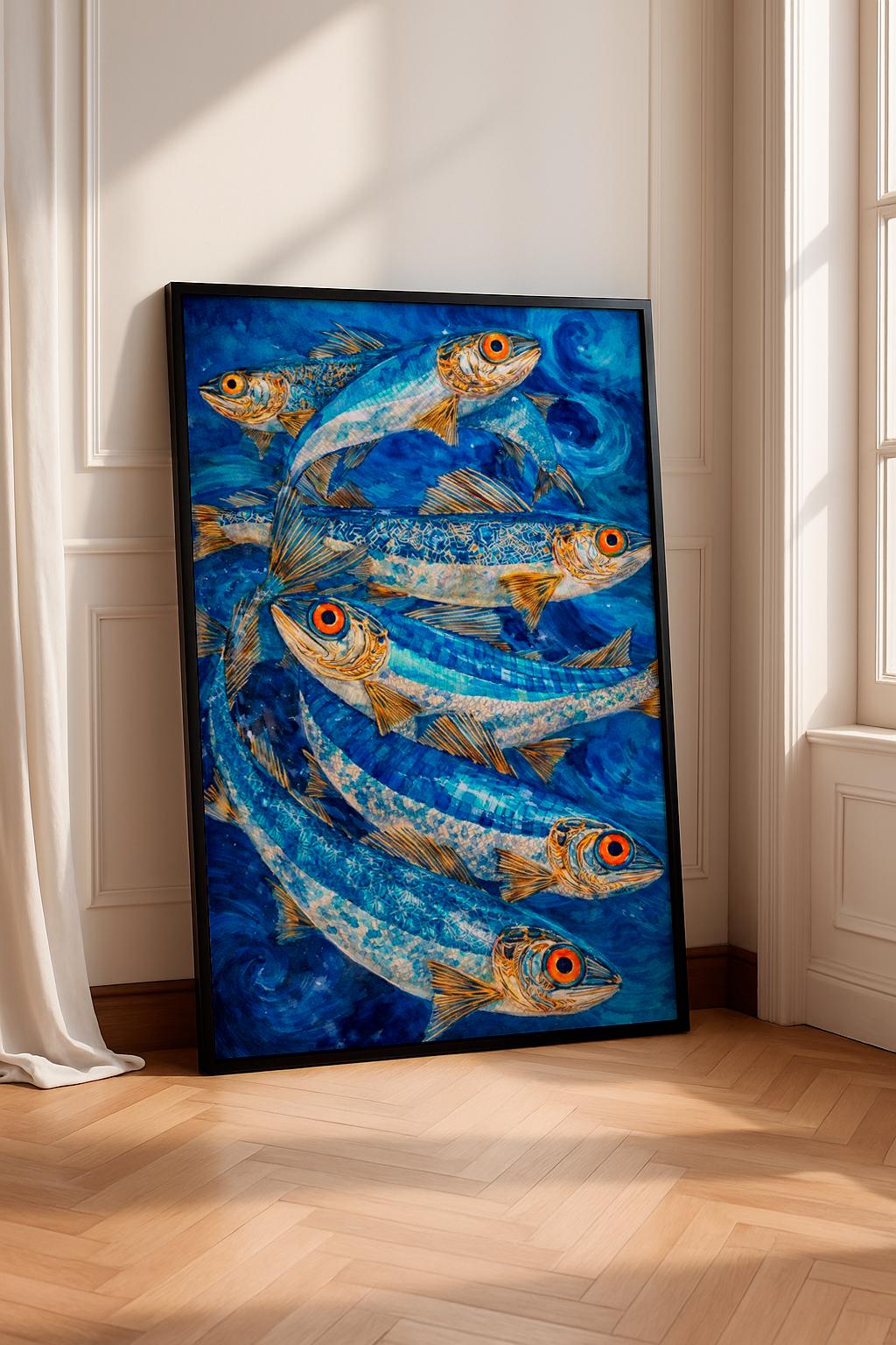 Surreal Fish Art Print – Blue Ocean Wall Art – Modern Marine Illustration – Nautical Watercolor Poster