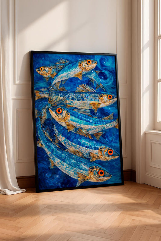 Surreal Fish Art Print – Blue Ocean Wall Art – Modern Marine Illustration – Nautical Watercolor Poster