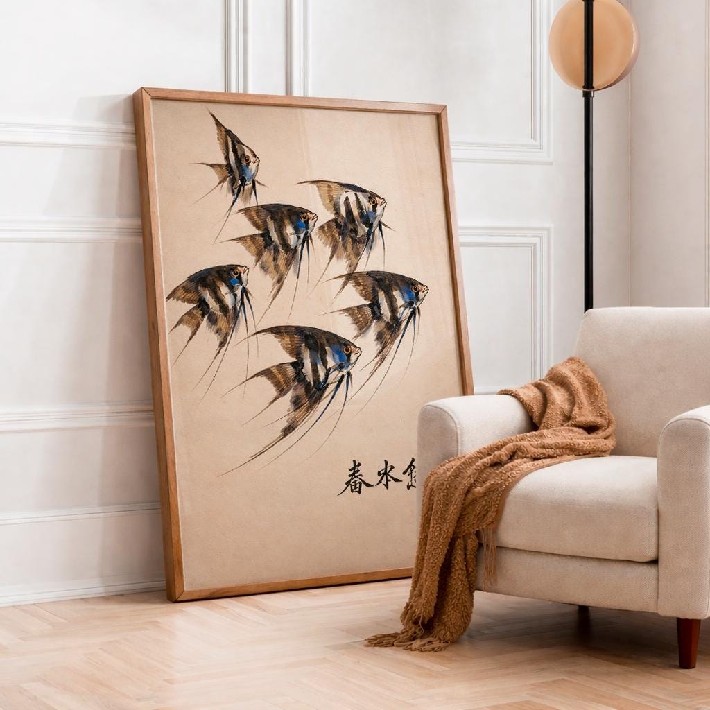 Angelfish Art Print – Japanese Sumi-e Style Fish Illustration, Minimal Oriental Wall Art, Nature Poster