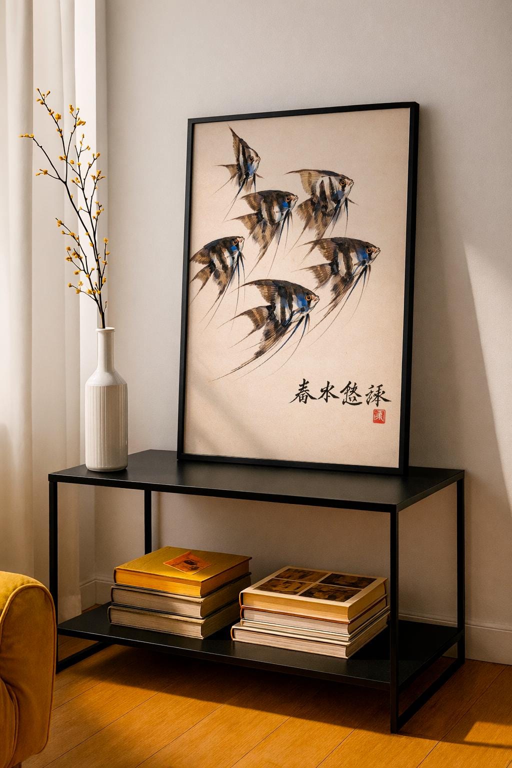 Angelfish Art Print – Japanese Sumi-e Style Fish Illustration, Minimal Oriental Wall Art, Nature Poster