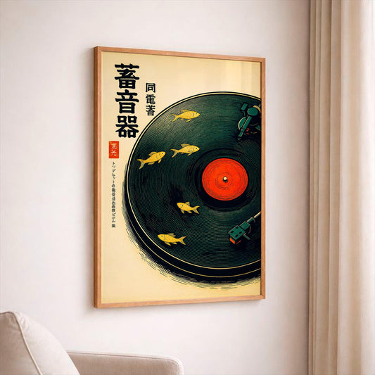 Japanese Retro Music Poster – Vinyl Record Art with Fish – Vintage Japan Wall Art – Music Lover Decor – Minimalist Art Print