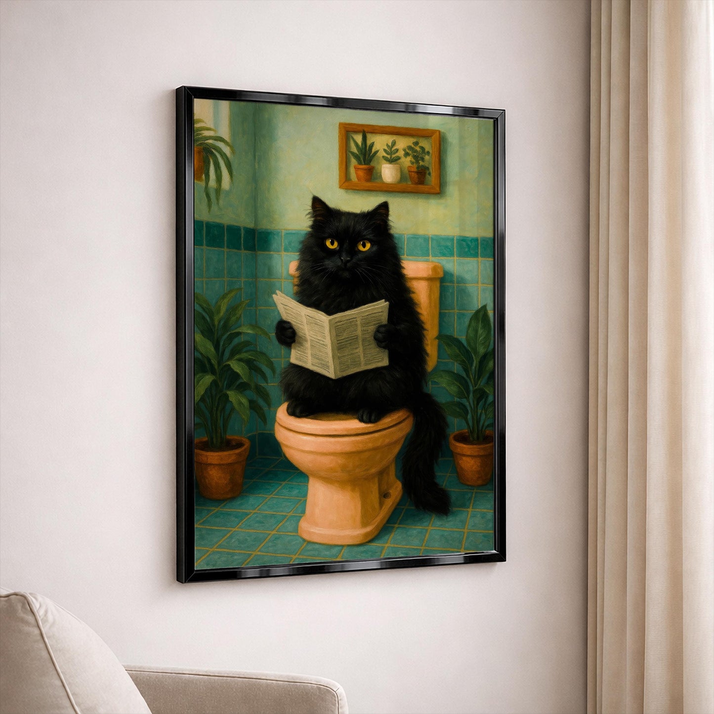 Black Cat Poster, Funny Cat on Toilet Reading Newspaper, Bathroom Wall Art, Gift for Cat Lovers