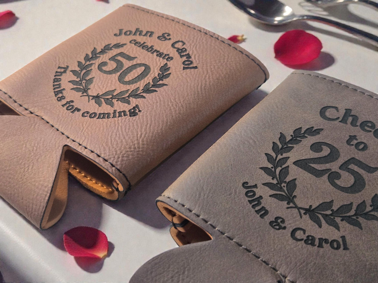 Anniversary Party Favors, Custom Engraved Leatherette Can Holder, Bulk Anniversary Personalized Party Gifts, Silver/Gold/Rawhide/Brown/Gray