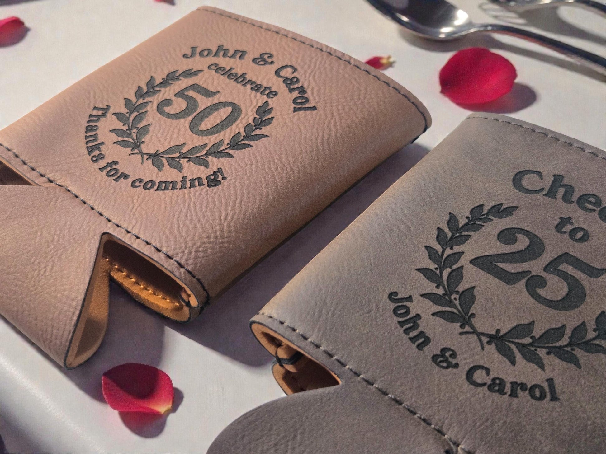 Anniversary Party Favors, Custom Engraved Leatherette Can Holder, Bulk Anniversary Personalized Party Gifts, Silver/Gold/Rawhide/Brown/Gray