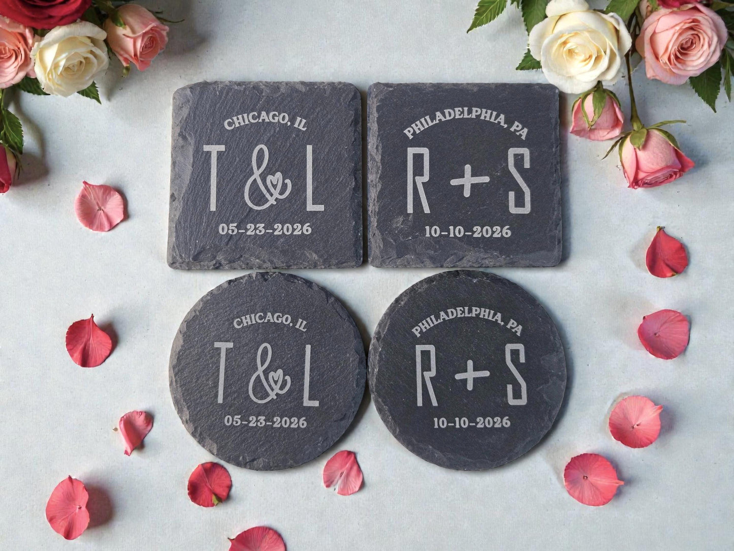 Bulk Wedding Favors, Personalized Slate Coasters, Custom Engraved Wedding Guest Favors, Round Or Square Slate Coasters