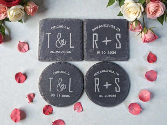 Bulk Wedding Favors, Personalized Slate Coasters, Custom Engraved Wedding Guest Favors, Round Or Square Slate Coasters
