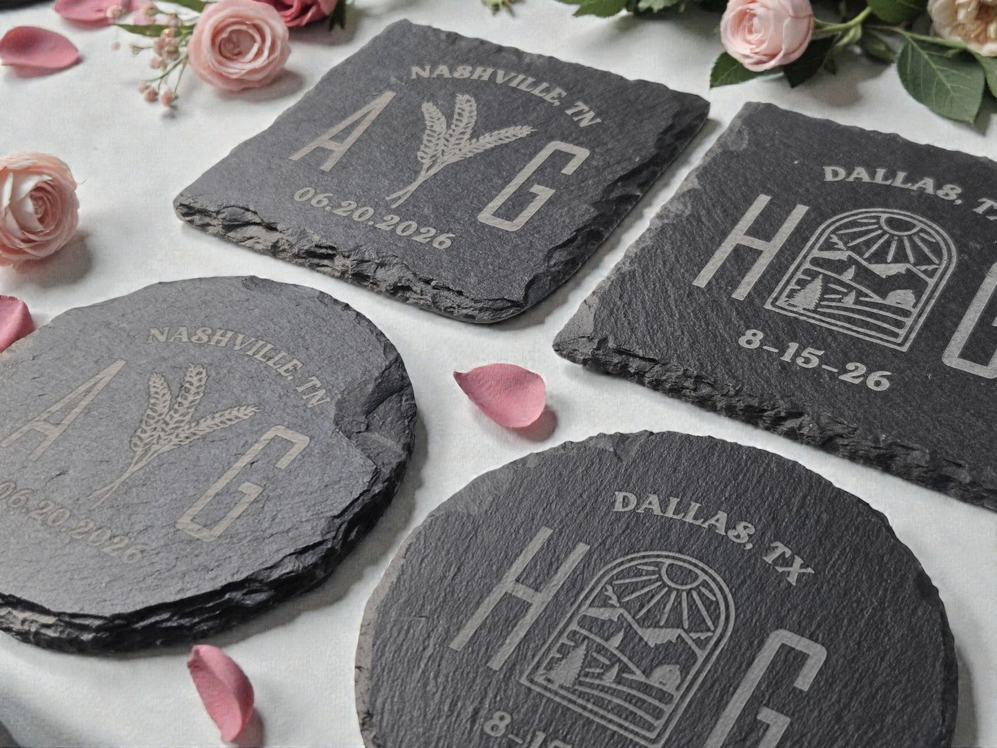 Farm Wedding Favors, Personalized Slate Coaster Bulk Wedding Favors, Custom Engraved Wedding Guest Favors, Round Or Square Slate Coasters