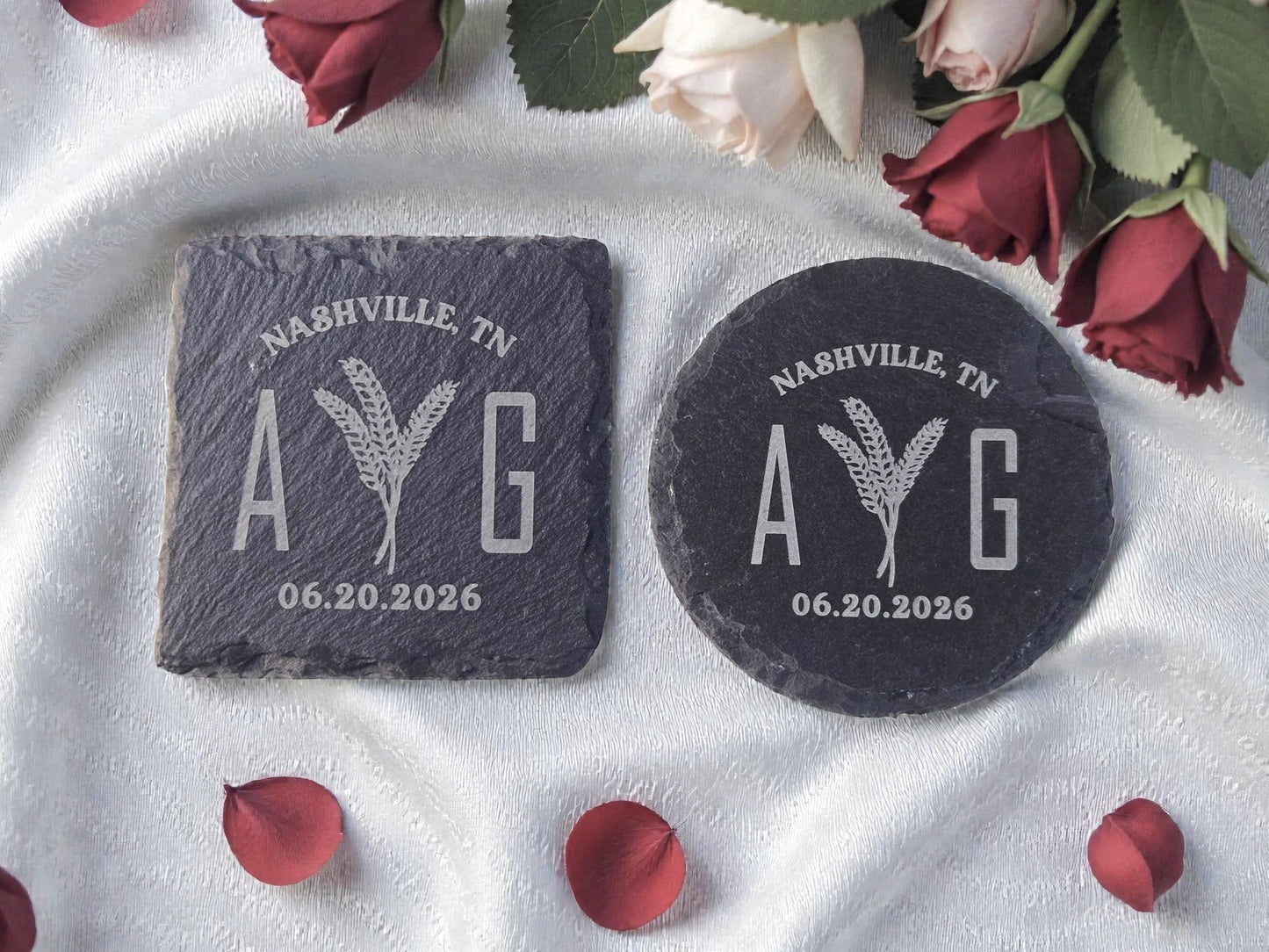 Farm Wedding Favors, Personalized Slate Coaster Bulk Wedding Favors, Custom Engraved Wedding Guest Favors, Round Or Square Slate Coasters