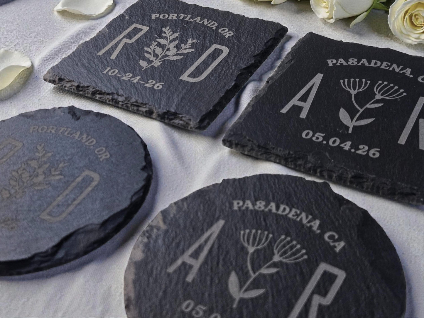 Botanical Wedding Favor, Personalized Slate Coaster Bulk Wedding Favors, Custom Engraved Wedding Guest Favors, Round Or Square Slate Coaster