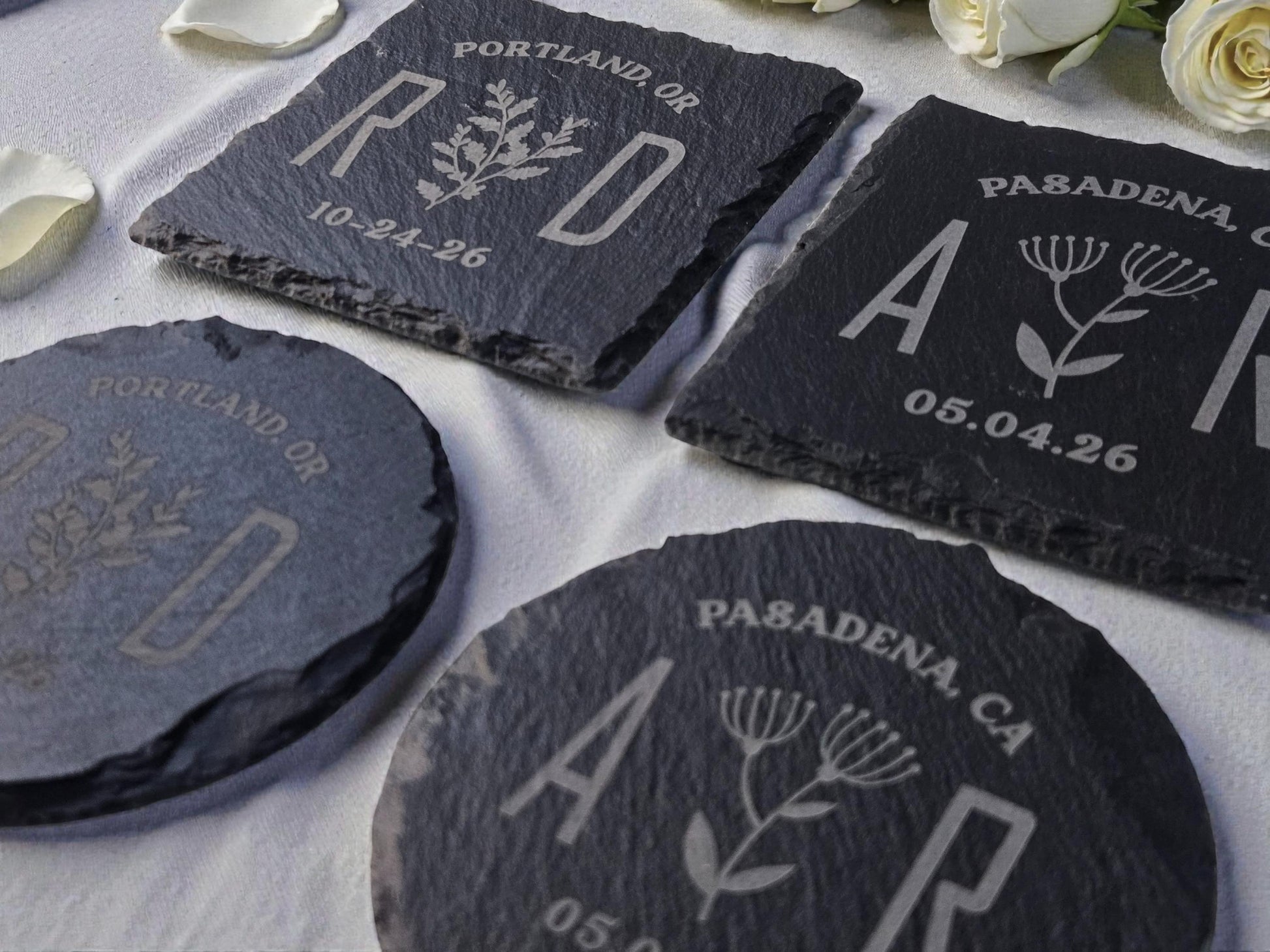 Botanical Wedding Favor, Personalized Slate Coaster Bulk Wedding Favors, Custom Engraved Wedding Guest Favors, Round Or Square Slate Coaster
