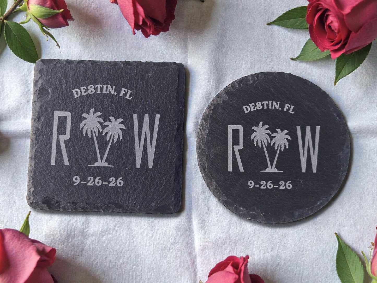 Beach Wedding Favor, Coastal Bulk Wedding Favors, Custom Engraved Wedding Guest Favors, Round Or Square Personalized Slate Coaster