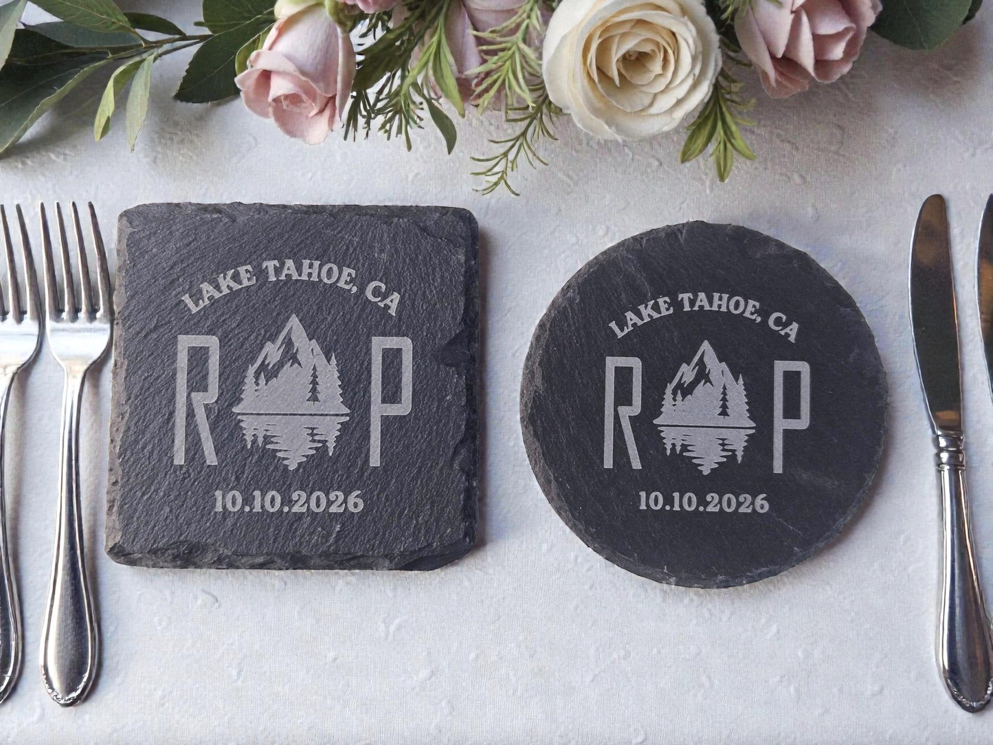Mountain Wedding Favor, Rustic Bulk Wedding Favors, Custom Engraved Wedding Guest Favors, Round Or Square Personalized Slate Coaster