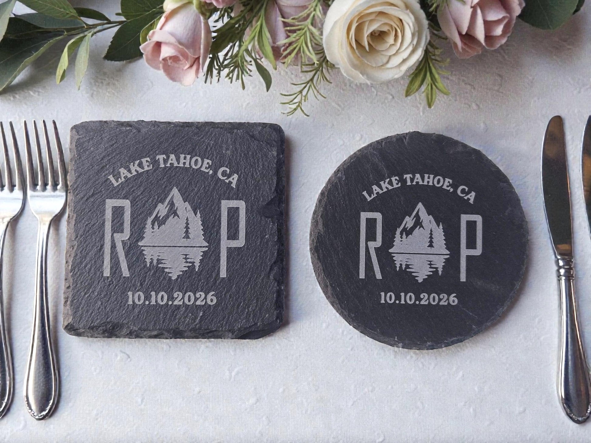Mountain Wedding Favor, Rustic Bulk Wedding Favors, Custom Engraved Wedding Guest Favors, Round Or Square Personalized Slate Coaster
