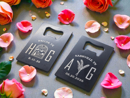 Magnetic Farm Wedding Favors, Custom Engraved Black Card Magnet Bottle Opener, Rustic Personalized Wedding Guest Favors, Durable Steel