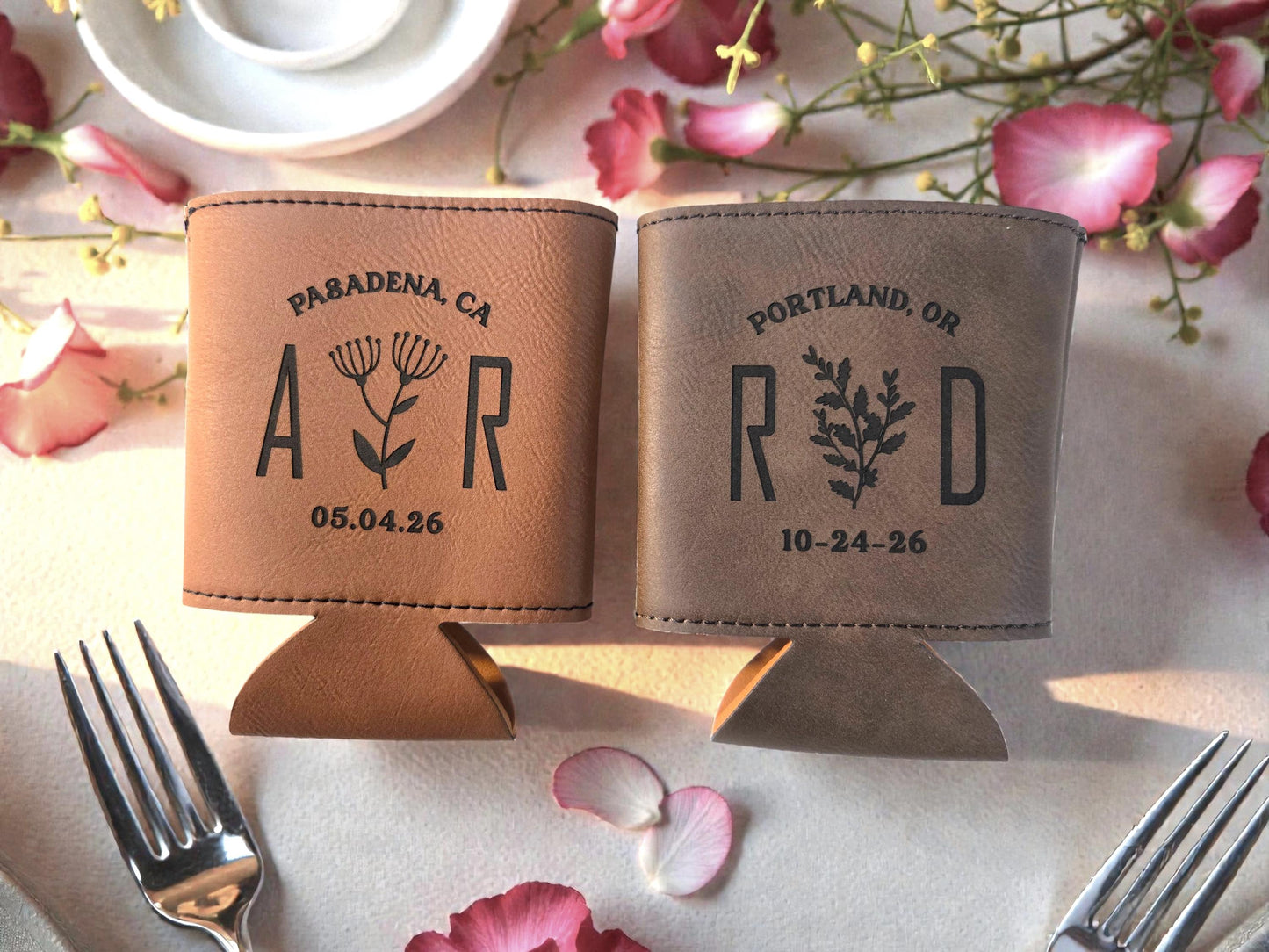 Botanical Wedding Favors, Engraved Leatherette Can Cozie Beverage Holder, Personalized Wedding Guest Favor, Gold/Silver/Brown/Rawhide/Gray