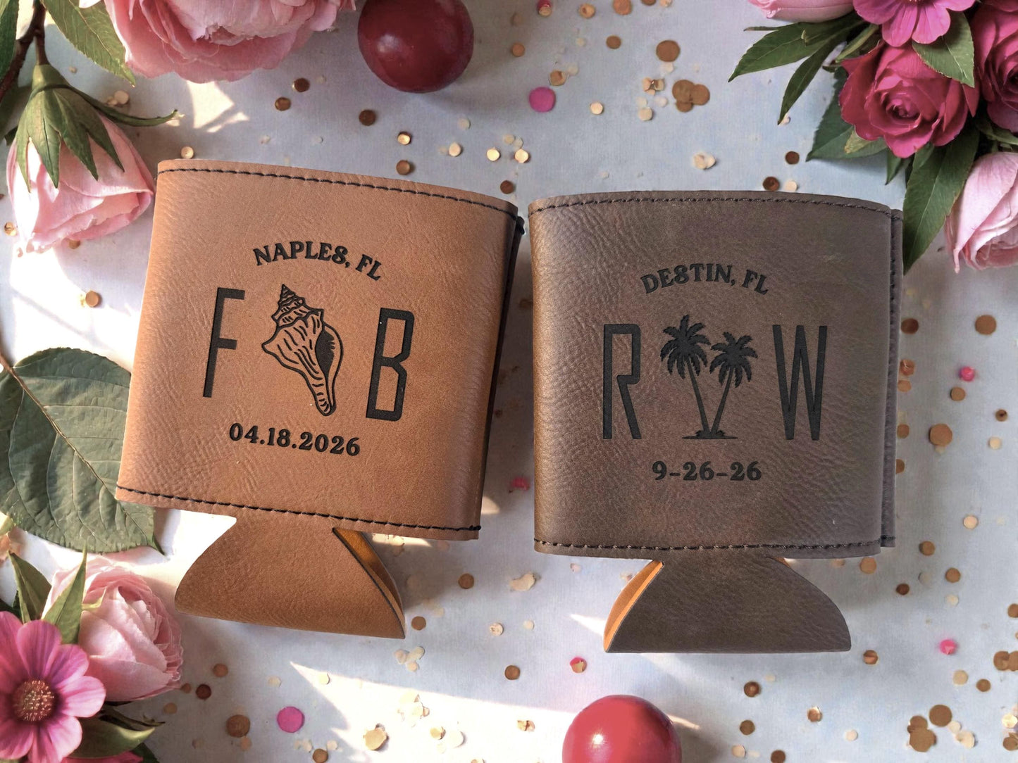 Beach Wedding Favors, Custom Engraved Leather Can Cozie Beverage Holder, Personalized Wedding Guest Favor, Gold/Silver/Brown/Rawhide/Gray
