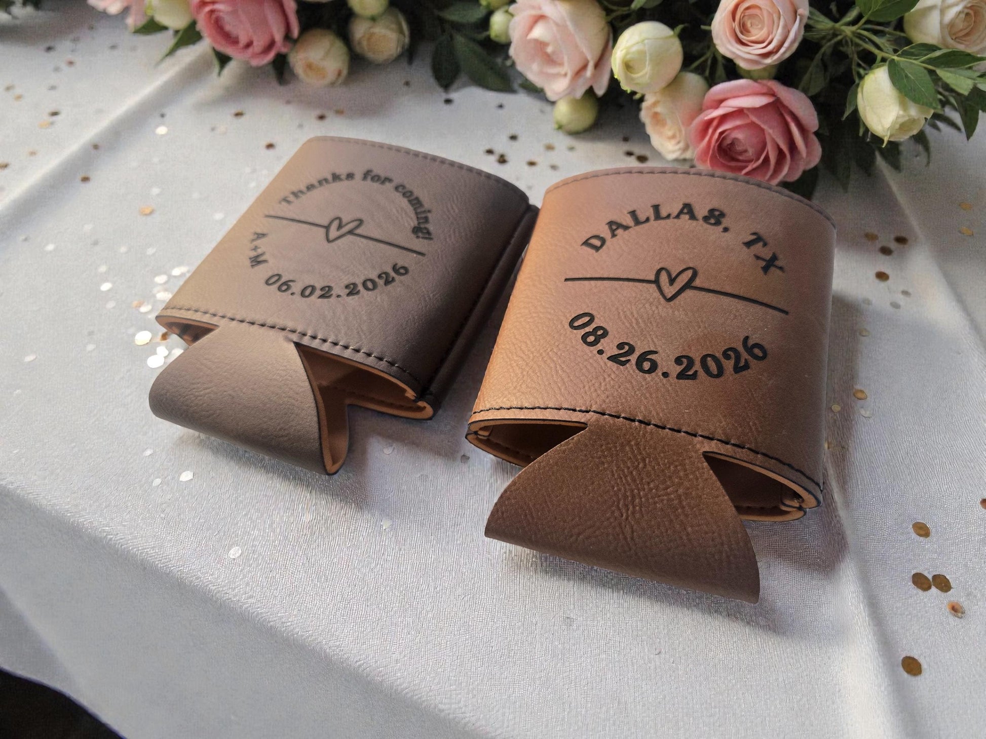 Personalized Wedding Favor Cozies, Engraved Leatherette Can Cozie Beverage Holder, Bulk Wedding Guest Favors, Gold/Silver/Brown/Gray/Rawhide