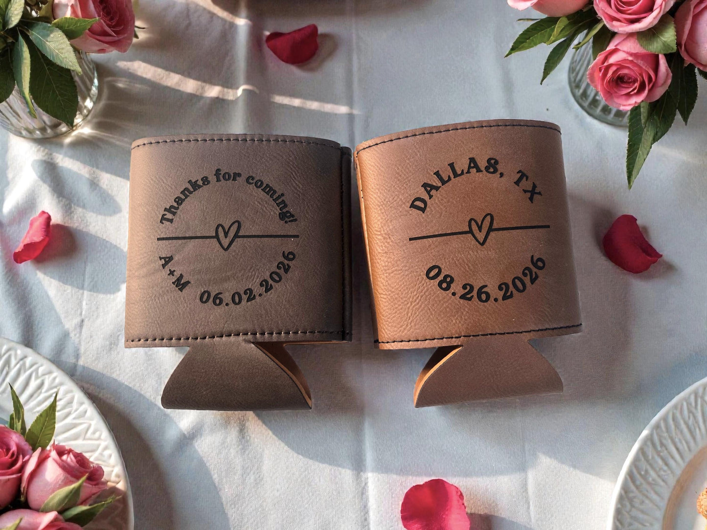 Personalized Wedding Favor Cozies, Engraved Leatherette Can Cozie Beverage Holder, Bulk Wedding Guest Favors, Gold/Silver/Brown/Gray/Rawhide