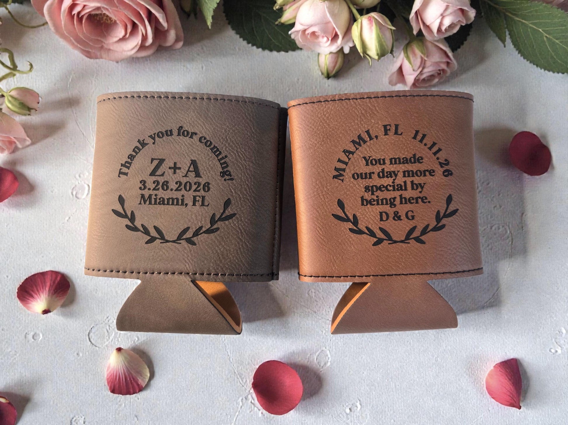 Personalized Wedding Favor Cozie, Laurel Design, Engraved Leather Beverage Holder, Bulk Wedding Guest Favors, Silver/Gold/Rawhide/Gray/Brown