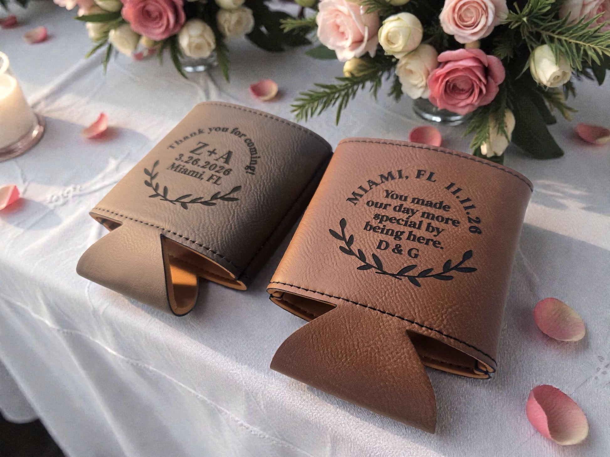 Personalized Wedding Favor Cozie, Laurel Design, Engraved Leather Beverage Holder, Bulk Wedding Guest Favors, Silver/Gold/Rawhide/Gray/Brown