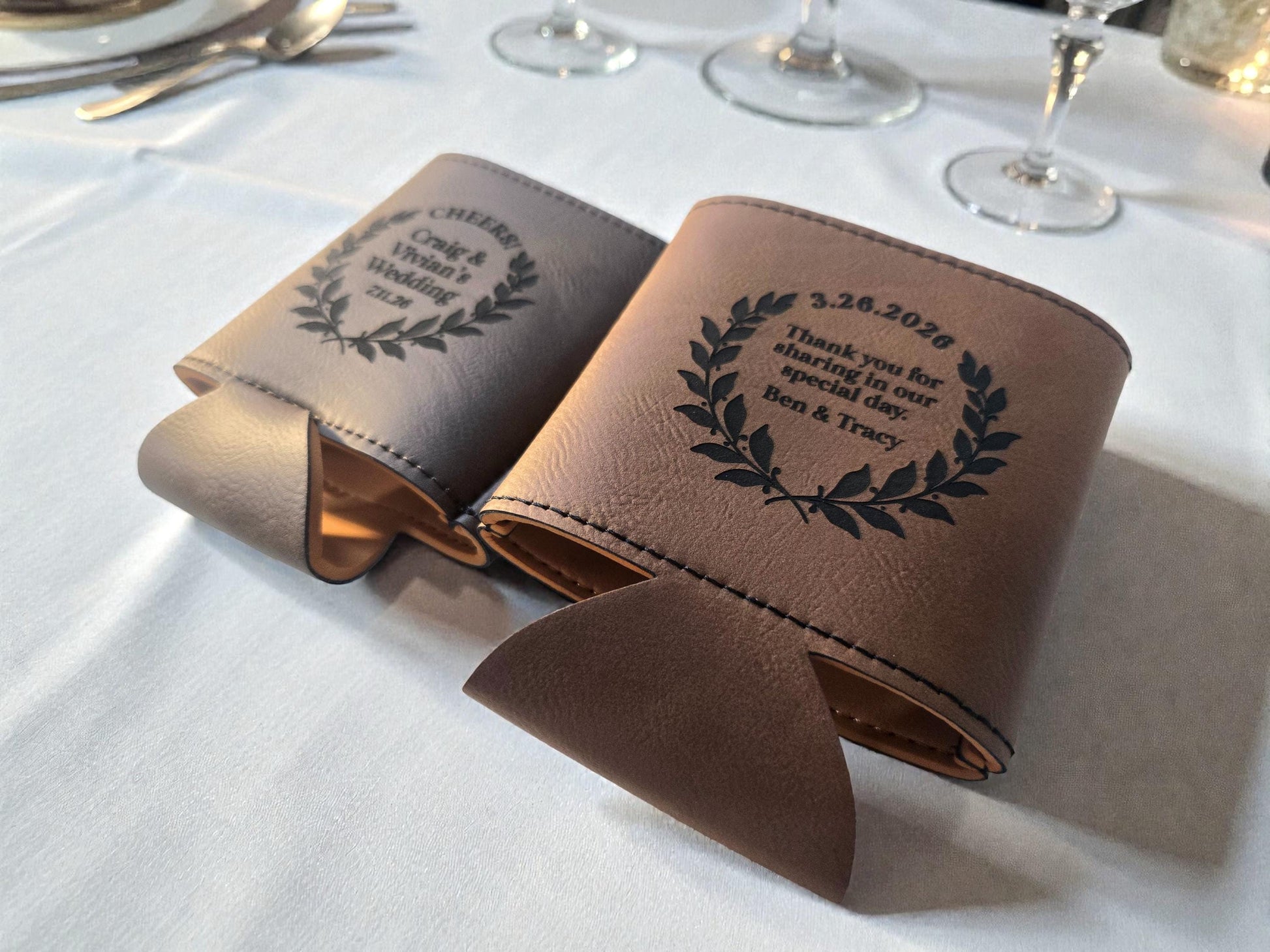 Personalized Wedding Favor Cozie, Circular Laurel Design, Engraved Leatherette Beverage Holder, Bulk Wedding Guest Favors, Fits Cans/Bottles